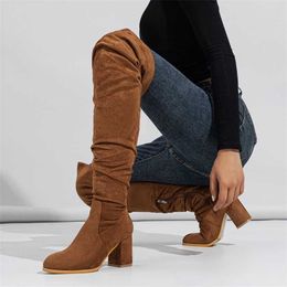 New Winter Zipper Women Over-the-knee Boots Fashion Flock Square Heel Shoes Thigh High Long Botas De Mujer 230922