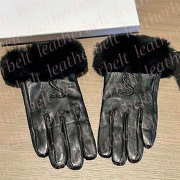 Luxury Fur Leather Gloves for Women Embroidery Letter Touch Screen Mittens Winter Outdoor Warm Cashmere Sheepskin Mitten Driving Glove