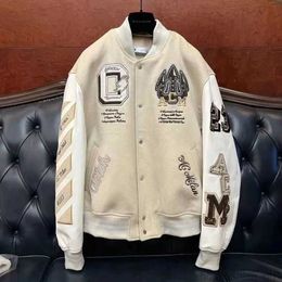 Offs White Jacket AC MILANS Off Brand High-end Coat Male and Female Lovers Ow Heavy Industry Embroidered Wool Spliced Leather Sleeve Bombe 374