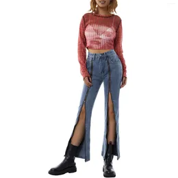 Women's Jeans 2023 Women Clothing Pocket Button Denim Zipper Metal Split Hem Middle Waist Casual Party Street Loose Sliming Pants
