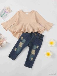Clothing Sets Baby Girl's 2pcs Ribbed Long Sleeve Top Ripped Denim Jeans Set Decor Casual Outfits Toddler Kids Clothes For Spring