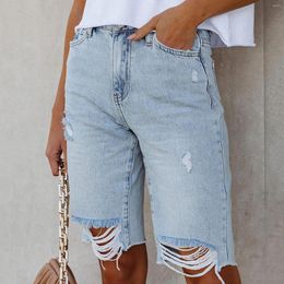 Women's Shorts Plus Size Denim Women Summer High Waist Knee-Length Wide Leg Straight Jeans Ladies Casual Loose Hole Ripped