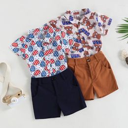 Clothing Sets 2023-02-21 Lioraitiin 0-4Years Independence Day Boys Clothes Glasses/Cow Head Print Short Sleeve Turn-Down Collar Tops Shorts