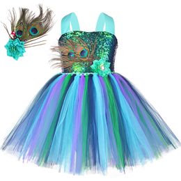 Cosplay Flower Feathers Girls Peacock Tutu Dress Kids Tulle Princess Peacock Costume for Girls Pageant Halloween Birthday Party Gown 230406