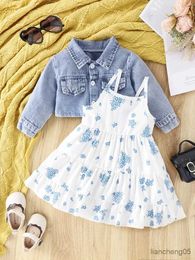 Clothing Sets Baby Girl Casual Fresh Clean Simple Denim Jacket Blue Flower Pattern Floral Dress 2-Piece Set Four Seasons