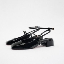 Sandals TRAF Womans Patent Leather Flats Shoes Sexy Squared Toe Flat Office Lady Block Heel Women Ankle Strap Slingbacks