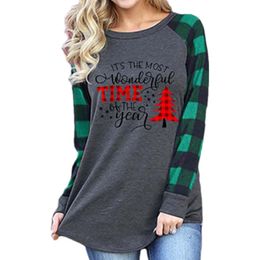 Christmas Designer Women T Shirts Green Red Plaid Deer Shirts Women Tops Hip Hop Tops Xmas Letter Striped Tees Casual Blouse Fashion Long Sleeve Shirts