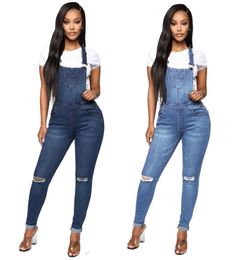 Frau Overalls Jeans Mode Denim Hose zerrissen Distressed Casual gebleichter Knopf sexy Bodysuit Free Shopping