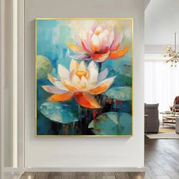 Abstract Lotus Flower Oil Painting on Canvas,Large Wall Art Picture for Bedroom,Pink Floral Painting Modern Hand Made Decor Gift