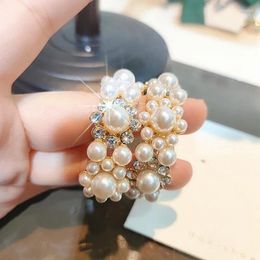 Stud Earrings Luxury Female White Crystal Stone Yellow Gold Color For Women Charm Bridal Round Pearl Wedding