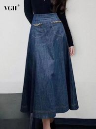 Skirts VGH Chain Patchwork Denim Skirt For Women High Waist A Line Temperament Casual Female Fashion Clothing 2023 Stylish