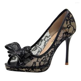 Dress Shoes Sexy Nightclub Lace Women's High Heels Shallow Mouth Peep Toe Hollow Mesh Bow Female Single Spring Autumn Ladies