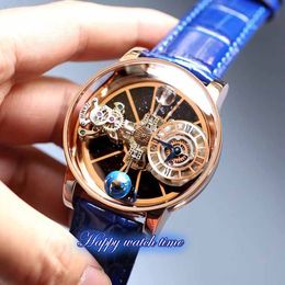 Static version Watches Astronomical Tourbillon Skeleton Dial Swiss Quartz Rose Gold Case Blue Strap Mens Watch