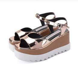 Women Fashion Slip-on Sandals Cowhide Leather Silver Star Women Sandals Stella Mccartney Platform Lady Shoes 7cm Wedge Designer Stripe Wedge Platform Shoes 320