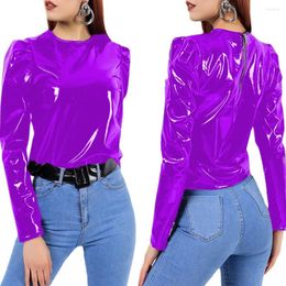 Women's T Shirts Women Faux Patent Leather Turtleneck Tops Long Sleeve Shirt Zipper PVC Pullover Black Red PU Clothes Streetwear Custom