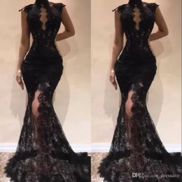 Sexy Black Sleeveless Mermaid Prom Party Dresses High Neck Split Side High Evening Gowns See Through Full Lace Celebrity Dresses BC9390