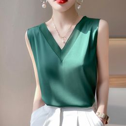 Camisoles Tanks Summer Silk Chiffon Tank Top Women's Tank Top Fashion V-neck Lace Splice Elegant Exquisite Comfortable Full Matching T-shirt 230407