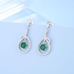 Hoop Earrings Brand Genuine Luxury Real Jewels Straight Natural Stone Fashion Personality Inlaid Green Agate S925 Silver Earstuds Hig