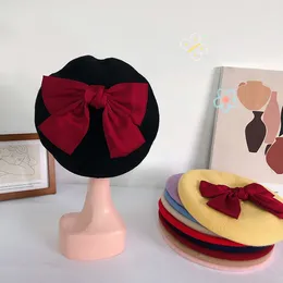 Berets Autumn And Winter Women's Cute Big Bow Wool Beret Cap Detachable Brooch Sweet Girl Warm Painter Hat Boina Casquette