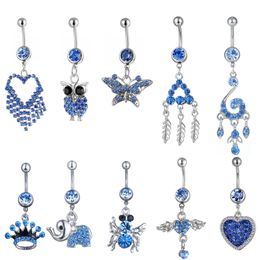 Navel & Bell Button Rings Lb10-001 Belly Navel Button Ring Mix 10 Styles Aqua.Colors Pcs Heart Buttonfly Owl Crown Spider Drop Deliver Dh4Px