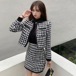 Two Piece Dress Two piece suit spring Korean style plaid long sleeve slim sexy coat warm miniskirt fashion suit women's wear 230407