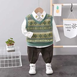 Clothing Sets 2023 Spring Autumn Boys 3PCS Clothing Set Knitted Sweater Vest Embroidery Cotton Shirt Pants Baby Boys Clothes Suit R231107