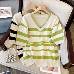 Women's Sweaters Robe Striped Knit Sweater Tshirt Women Tees Tops 2023 Summer Stylish Fashion Vintage Ladies Knitwear ShortSleeve Jumpers