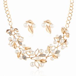 Necklace Earrings Set Jewellery Artificial Pearl Crystal Leaf Earring Sweater Chain