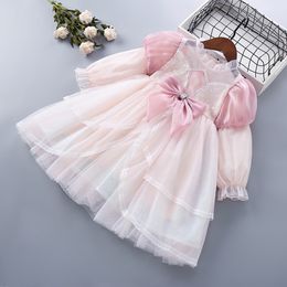 2-10 Years High Quality Spring Autumn New Bow Lace Draped Ruched Kid Children Clothing Girl Party Birthday Princess Dress