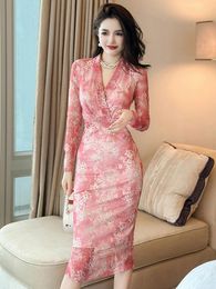 Casual Dresses French Elegant Style Midi Dress Women Sweet Pink Elastic Long Sleeve Bandage Bodycon Slit Robe Party Banquet Vestidos Street