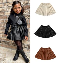 Skirts born Girls Leather Pleated Ski Elastic Waist Solid Knee Length Elegant Half Skirt 230406