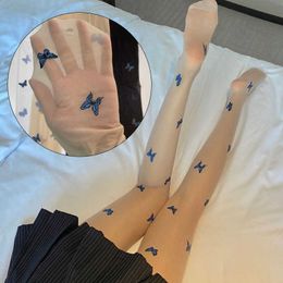 5 PC Sexy Socks Sexy Blue Butterfly Women Tights Summer Thin Silk Stockings Pantyhose Lolita Girls Hollowed Black Lace Bottomed Lings Hosiery Z0407