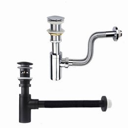 Drains 30cm flexible pipe Basin Bottle Trap Brass Bathroom Sink Syphon with Pop Up Drain Black or chrome PTRAP Pipe Waste 230406