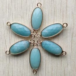 Pendant Necklaces Wholesale 6pcs/lot Natural Amazonite Stone Section Oval Shape Gold Colour Connector Pendants For Jewellery Making