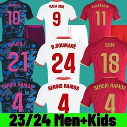 23 24 Sevillas Soccer Jerseys SERGIO RAMOS I.RAKITIC Y.EN NESYRI RAFA MIR E. LAMELA J.NAVAS SUSO 2023 2024 Football White Home Away Third Camiseta Men Kids Kit Set