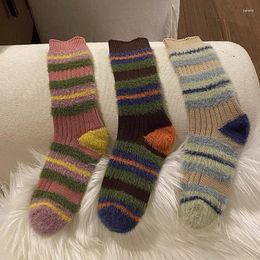 Women Socks Korean Thick Line Pattern Matching Colour Mink Hairy Sweet Autumn Winter Retro Warm Floor