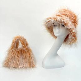 Berets Fashion Women Winter Faux Fur Bucket Outdoor Girls' Fluffy Female Luxury Furry Bag Cap Hat Warm Sets