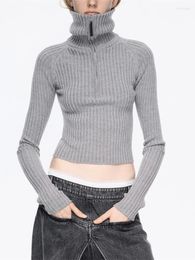 Women's Sweaters Zipper High Neck Short Pure Wool Knitting Sweater Sexy Slim Two Wear Lapel Merino 2023 Fall And Winter