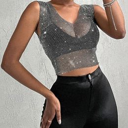 Camisoles Tanks Sexy Y2K Summer V-Neck Through Fish Net Tight Chest Crop Top Women's Cover Bikini Mesh Beach Party Club 230407