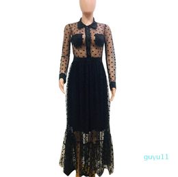 Black Polk Dot Mesh Charming Women Party Dresses Sexy Turn Down Neck Long Sleeves See Through