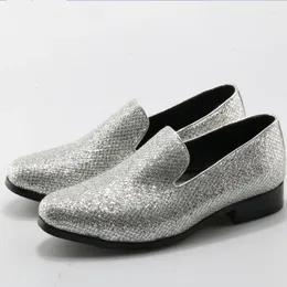 Dress Shoes Sapato Social Mens Genuine Leather Glitter Pointy Loafers Slip On Flats Formal Wedding Men Oxford