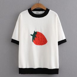 Women's T-Shirt Summer Plus Size Basic T-shirt Women's Spring Strawberry Pattern Ice Silk Knitted O-Neck T-shirt Short Sleeve Top Curved Clothing 230407