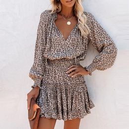 Casual Dresses TEELYNN Lantern Long sleeved Mini Dress Women's Vintage Leopard Pattern Casual V-Neck Autumn Vistedos Elastic Waist Bohemian Robe 230407