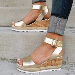 Sandals Wedge Sandals Fish Mouth Open Toe Women Buckle Strap Rubber Sandals Golden Ankle Strap PU Shoes Lady Solid High Heel Shoes Y2304