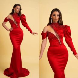 Red One Shoulder Sequined Mermaid Evening Dresses Simple Lace Prom Dress Floor Length Formal Party Gowns