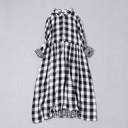 Casual Dresses Japanese Literature Women's Black and White Large Flat Spring Cotton Dress Long Sleeve Midi Dress 230407