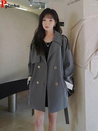 Women's Trench Coats Korean Women Casual Lapel Lace Up Windbreake Overcoat Spring Fall Gabardina Grey Mid-length Jacket Big Size Abrigos