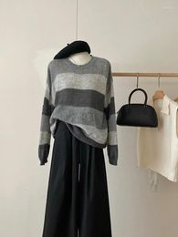Women's Sweaters 2023 Women Autumn Winter Simple Striped Vintage Baggy Knitwear Jumper O-Neck Loose Long Sleeve Grey Knitted Pullover