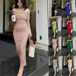 Casual Dresses Women Off Shoulder Backless Polyester Split Dress Sexy Bodycon Ruched Party Evening Birthday Strapless Long 2023 Summer
