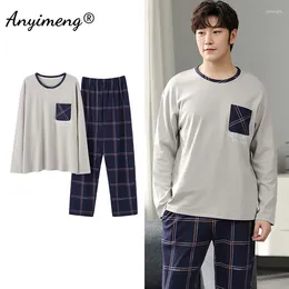 Men's Sleepwear Autumn Long Sleeve Pajamas Set For Men Plus Size Kinttied Cotton Pajama Boy Plaid Minimalist Style Gentleman